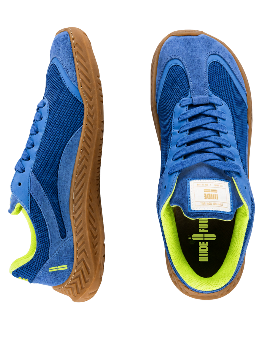 Blue Fluoro Fighters barefoot sneaker, side and back views