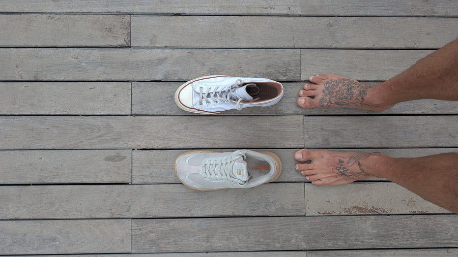 Bare feet on a wooden training platform