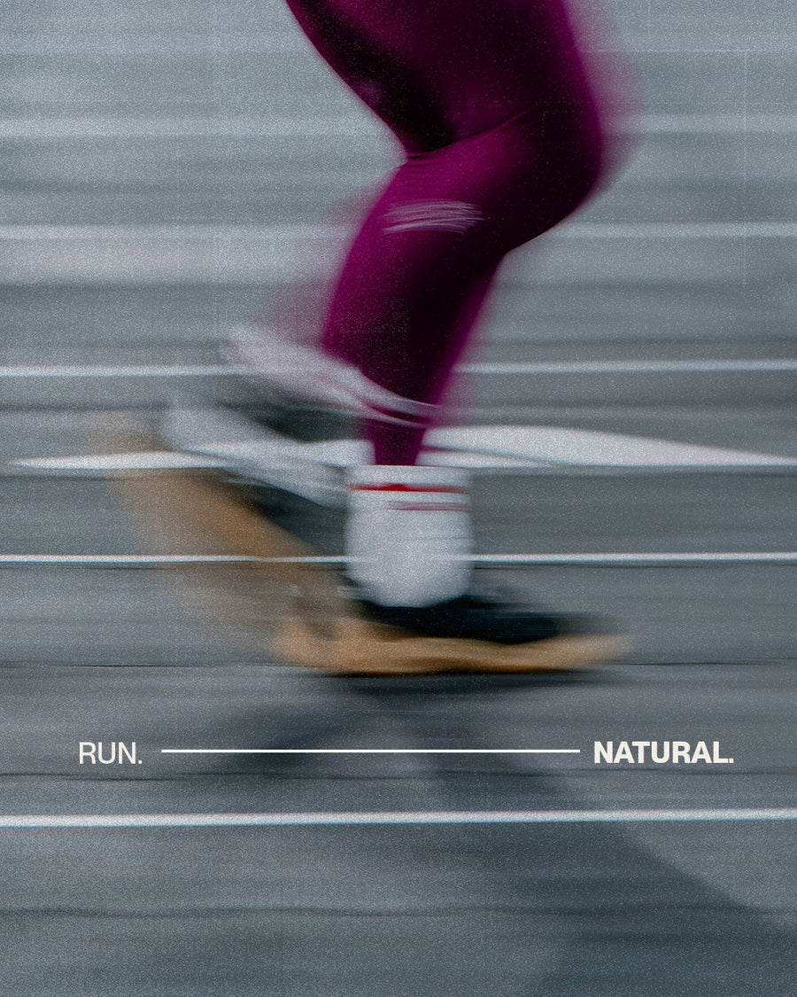 Athlete sprinting in The Nude Foot barefoot shoes, run natural, motion blur
