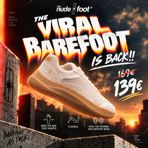 The Nude Foot Barefoot Sneaker Aura promotional graphic 'The Viral Barefoot Is Back' - off-white sneaker with gold branding, restock price €139