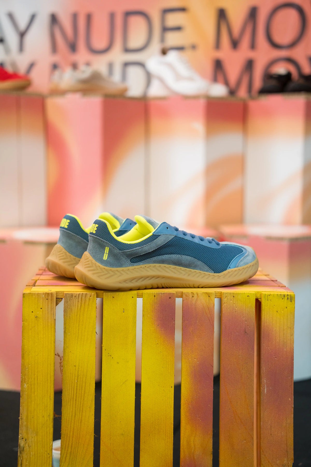 Pair of barefoot sneakers Nude Blue Fluoro Fighters - side view, wide toe box design