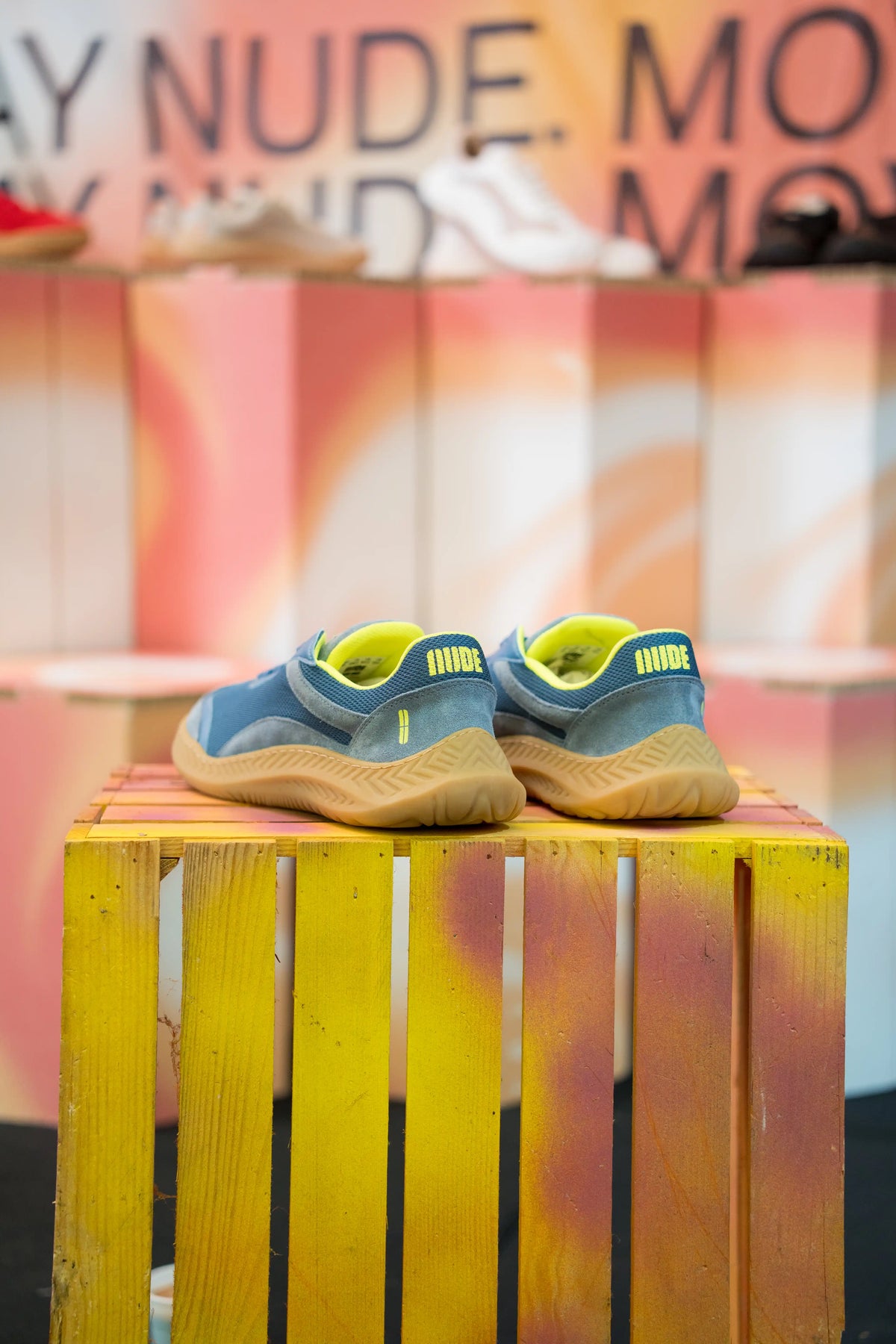 Close-up heel view of barefoot shoes - breathable mesh and suede upper